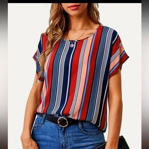 Colorful Striped Blouse, Elegant Crew Neck Short Sleeve Comfy Blouse